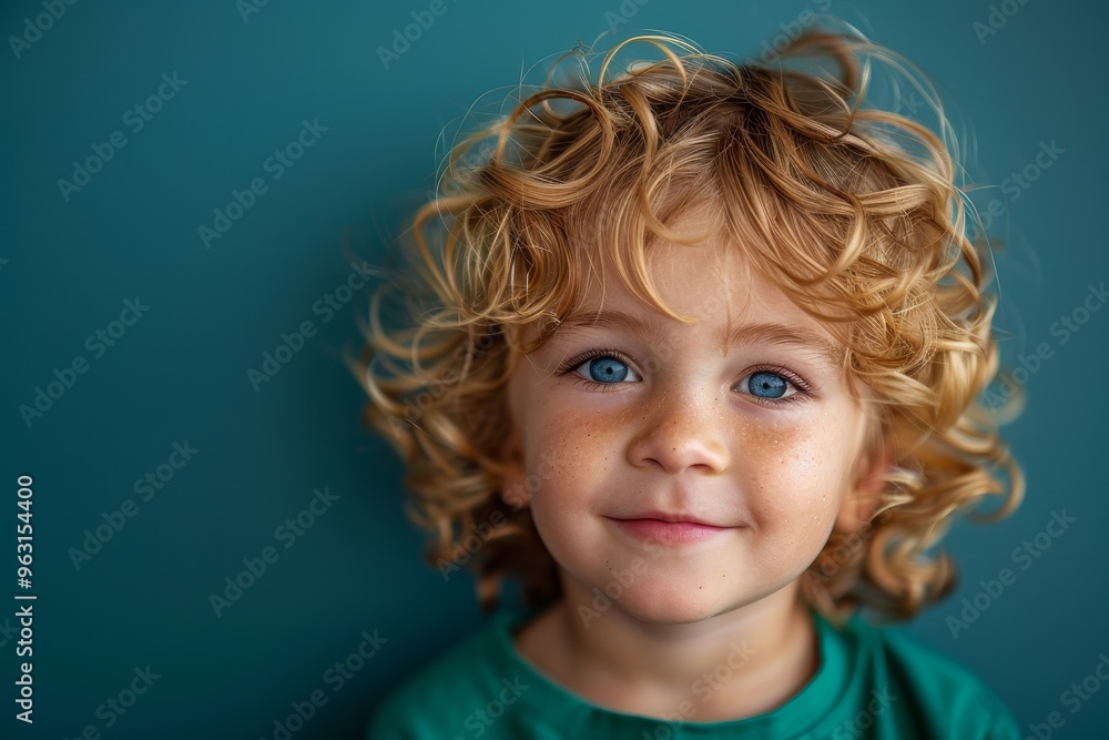 portrait of happy little boy with blonde curly hair in green shirt on blue background portrait of happy little boy with blonde curly hair in green shirt on blue background