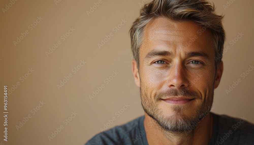 portrait of scandinavian softly smiling man is 35 years old with blond hair in grey T-shirt on beige color background, copy space portrait of scandinavian softly smiling man is 35 years old with blond hair in grey T-shirt on beige color background, copy space