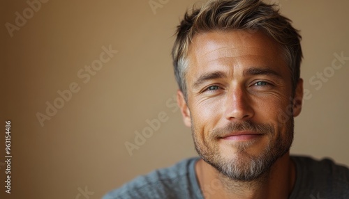 portrait of scandinavian softly smiling man is 35 years old with blond hair in grey T-shirt on beige color background, copy space, male beauty