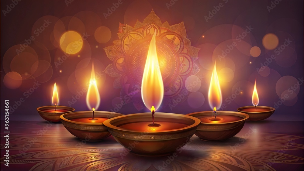 Lit oil lamps in a row, traditional Diwali celebration decor Lit oil lamps in a row, traditional Diwali celebration decor