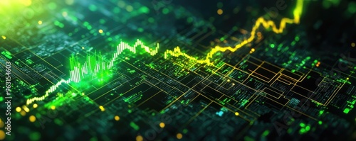 Vibrant digital graph showcasing growth trends with neon green and yellow lines against a dark background, symbolizing progress.