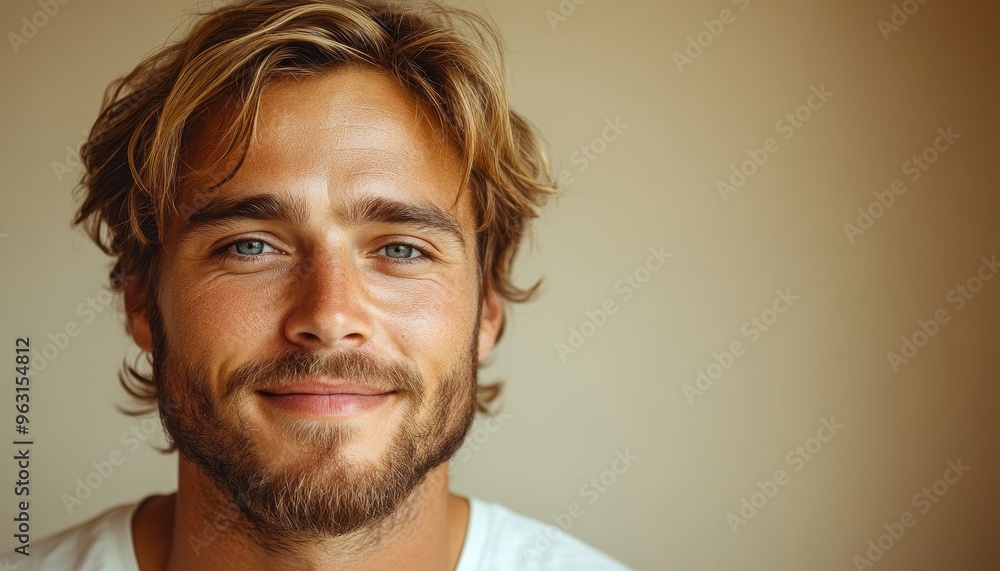 portrait of caucasian softly smiling man is 35 years old with blond hair on beige color background with copy space, closeup, male beauty portrait of caucasian softly smiling man is 35 years old with blond hair on beige color background with copy space, closeup, male beauty