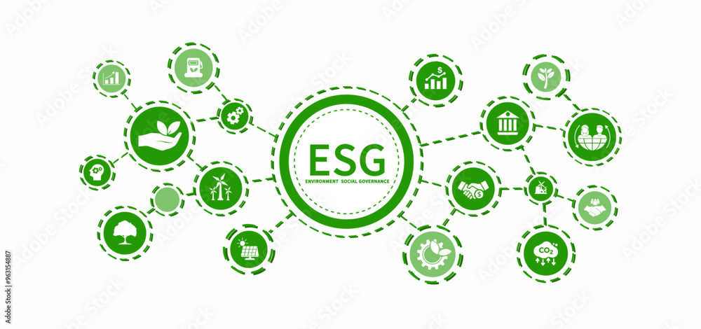 ESG icon concept for environment, social and governance in sustainable business and green business on grey background. ESG icon concept for environment, social and governance in sustainable business and green business on grey background.