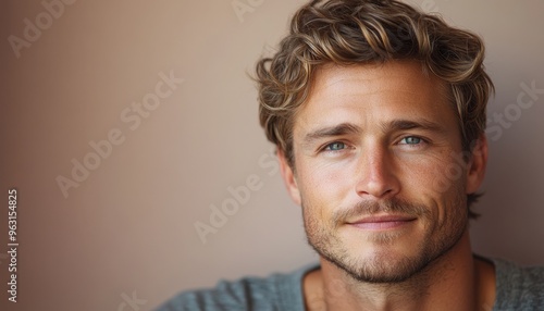 portrait of scandinavian or caucasian softly smiling man is 35 years old with blond hair on beige color background with copy space