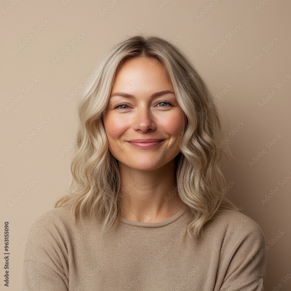 Fototapeta premium closeup portrait of scandinavian smiling woman is 35 years old with blond hair wearing in beige sweater on beige color background, natural beauty