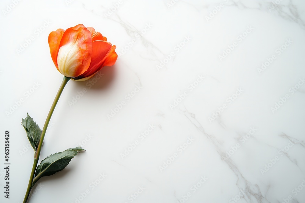 Fototapeta premium A vibrant tulip lies delicately on a polished white marble surface, highlighting minimalist design and the elegance of nature. Generative AI