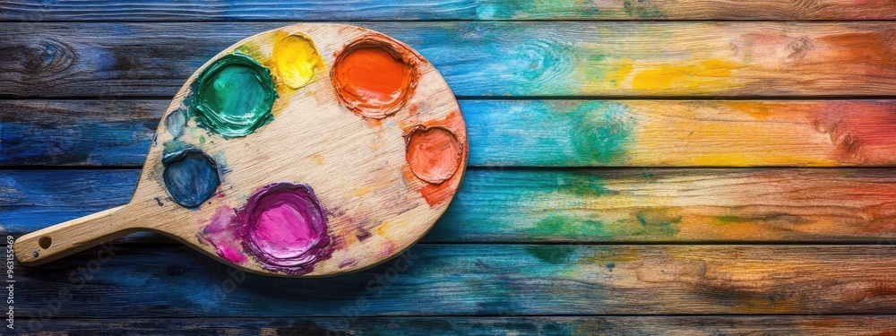 Fototapeta premium Exploring Artistic Creativity: A Vibrant Palette on Rustic Wood
