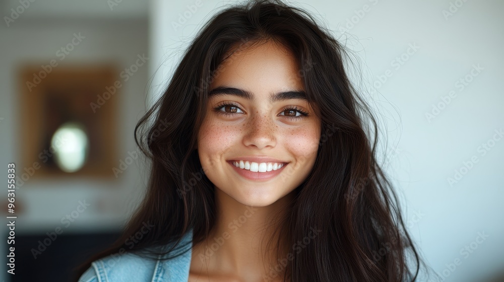 portrait of young Indian smiling woman with long dark hair wearing light blue denim jacket portrait of young Indian smiling woman with long dark hair wearing light blue denim jacket