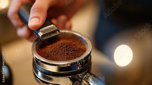 A close-up of a barista's hands tamping freshly ground coffee into a portafilter, focusing on the precision of the process.