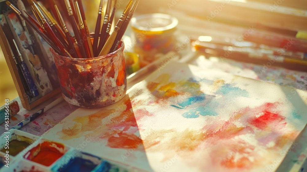 Discover the Joy of Creativity: A Sunlit Artist's Workspace Filled with Watercolor Tools and Vibrant Colors Discover the Joy of Creativity: A Sunlit Artist's Workspace Filled with Watercolor Tools and Vibrant Colors