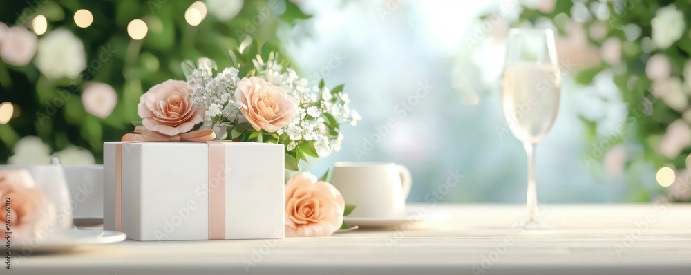 Custom wedding gift with engraved names, romantic table, 3D illustration Custom wedding gift with engraved names, romantic table, 3D illustration