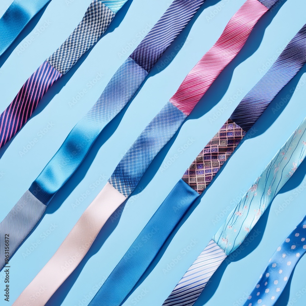 Fototapeta premium Multiple Ties Collection - Soft Blue Background Editorial Photography