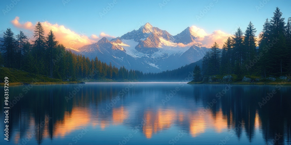 A Serene Mountain Lake Reflecting the Setting Sun A Serene Mountain Lake Reflecting the Setting Sun
