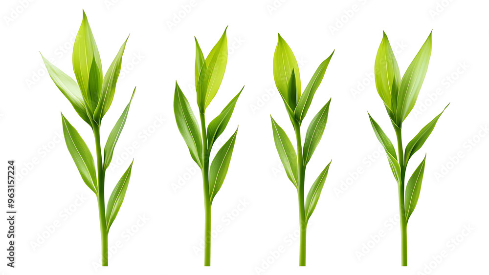 Fototapeta premium Four green leafs on a transparent background,Four Lily of the valley Leafs Isolated,Four Tropical Plant Leaves,leaf transparent png,Decoration work, green plants,Four green leafed plants, Ai