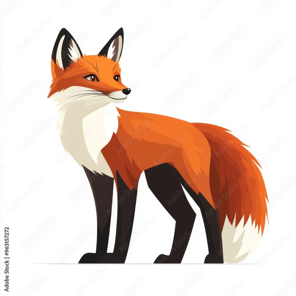 Fototapeta premium Minimalistic Flat Illustration of Sly Fox with Bushy Tail on White Background
