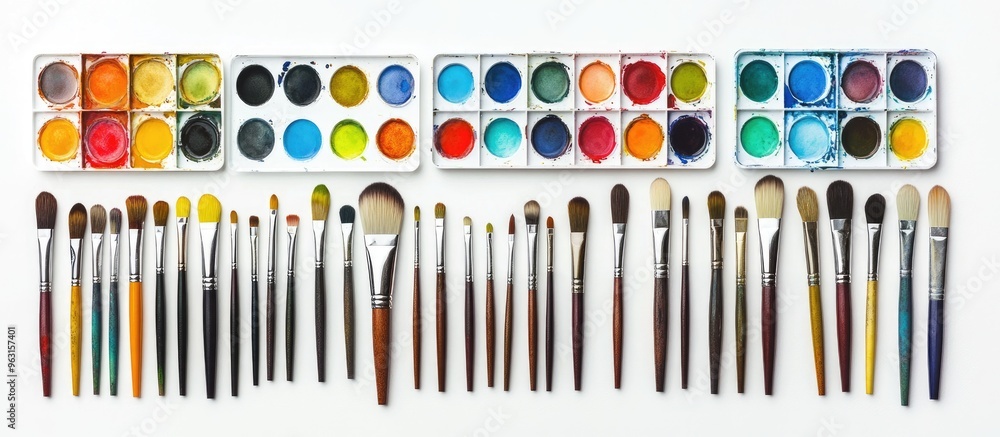 A Vibrant Collection of Art Supplies: Brushes and Paint Palettes for Creative Expression A Vibrant Collection of Art Supplies: Brushes and Paint Palettes for Creative Expression