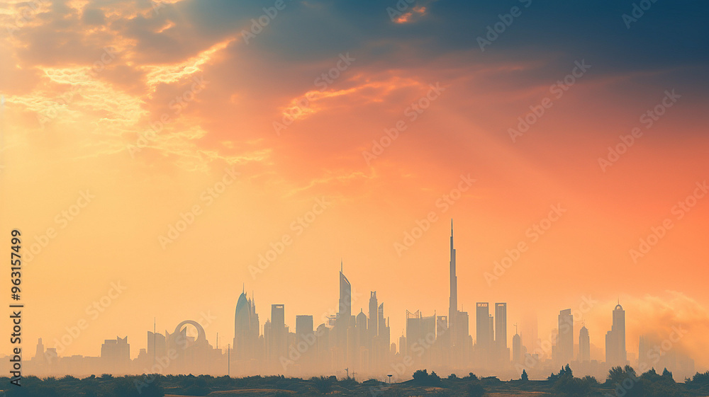 A futuristic city skyline with iconic tall skyscrapers illuminated by the golden glow of a dramatic sunset, with rays of light breaking through the clouds. A futuristic city skyline with iconic tall skyscrapers illuminated by the golden glow of a dramatic sunset, with rays of light breaking through the clouds.