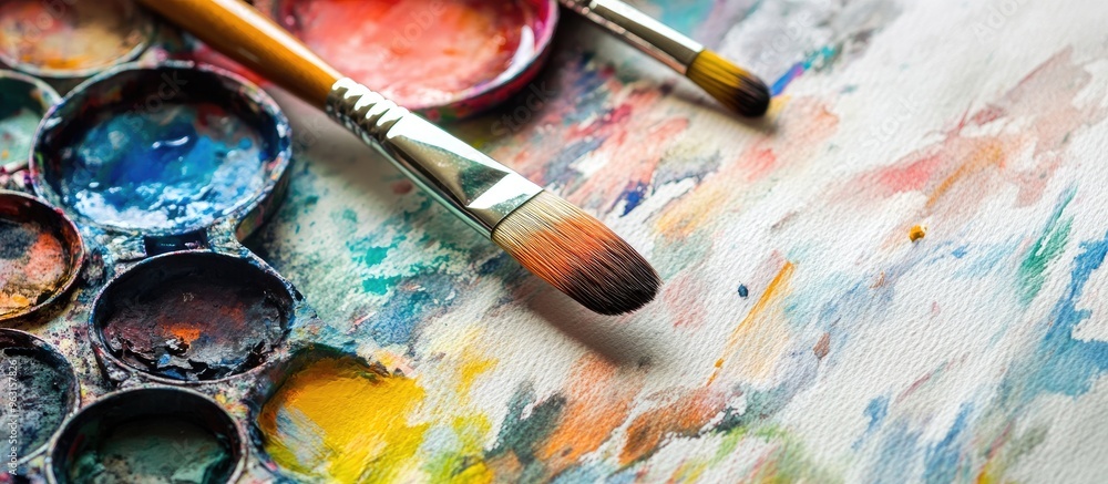 Fototapeta premium Exploring the Vibrant World of Art Supplies: Paint Brushes and Color Palettes in Creative Action