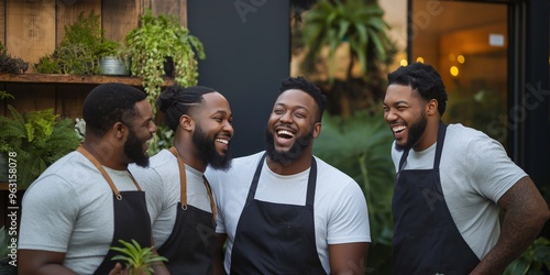 Four men are smiling and laughing together. They are all wearing aprons and are standing outside. Scene is happy and friendly