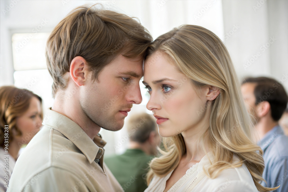 Serious Couple Standing Close with Foreheads Touching in a Crowd Serious Couple Standing Close with Foreheads Touching in a Crowd