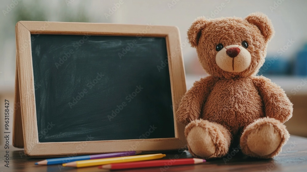 Charming Teddy Bear with Chalkboard and Colored Pencils: A Cozy Playroom Decor Charming Teddy Bear with Chalkboard and Colored Pencils: A Cozy Playroom Decor