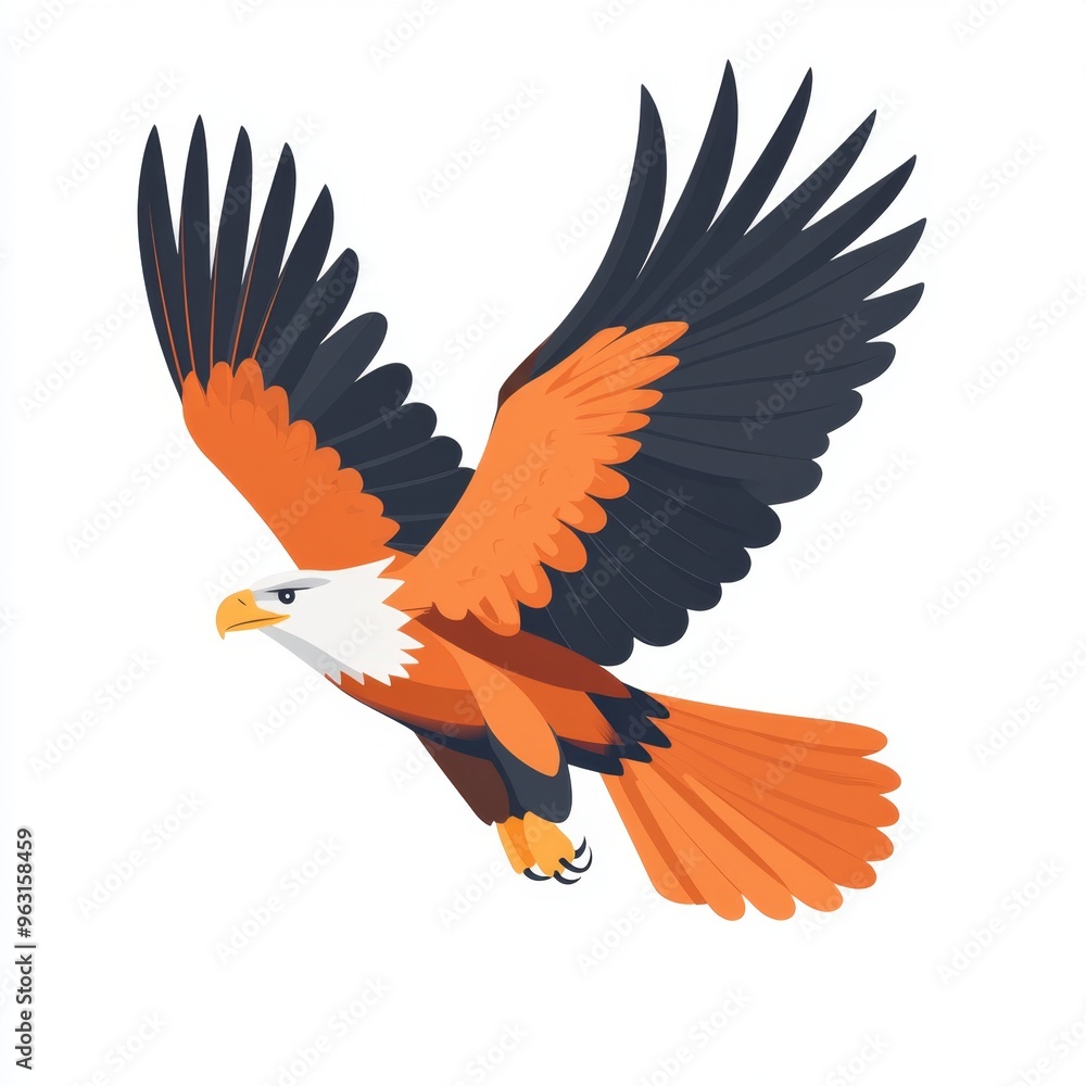 Fototapeta premium Majestic Eagle in Flat Design Soaring on White Background | Minimalistic and Elegant Illustration of a Bold Bird