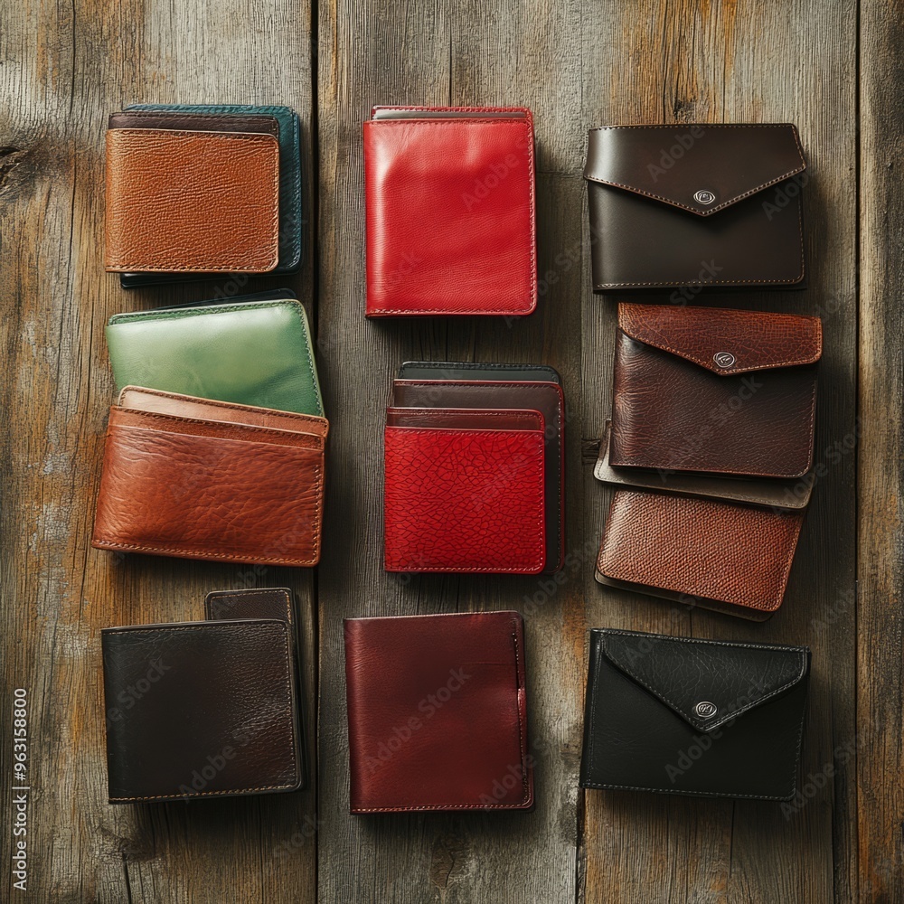 Fototapeta premium Multiple Wallets on Wooden Floor - Flat Lay Editorial Photography