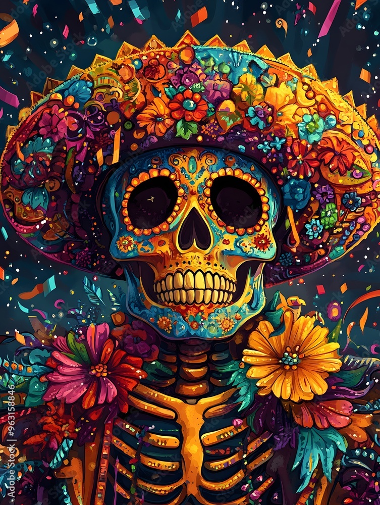 Skull in Sombrero Hat
A skull wearing a bright sombrero hat, decorated with patterns and flowers, surrounded by festive confetti and lighthearted elements. Skull in Sombrero Hat
A skull wearing a bright sombrero hat, decorated with patterns and flowers, surrounded by festive confetti and lighthearted elements.