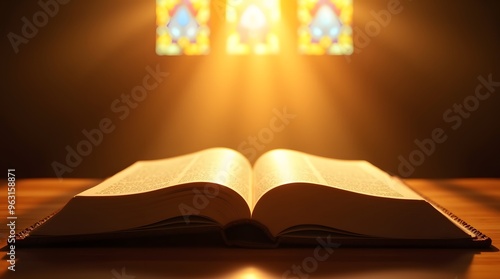  High-resolution photo of an open Bible on a wooden surface with warm, golden light from stained glass 