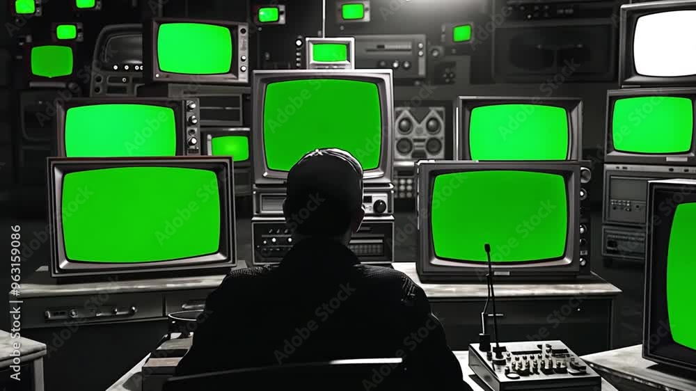 Man watching multi monitors. Monitoring CCTV Security Cameras Green Screen Monitors Zoom In. Multiple monitors showing CCTV camera system with green screen. Zoom in