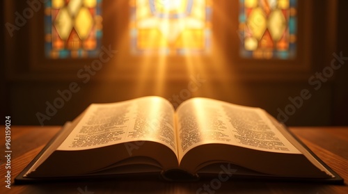  High-resolution photo of an open Bible on a wooden table with dramatic light from stained glass 