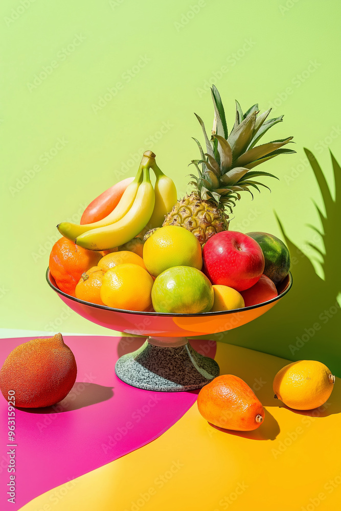A bowl of fruit with a variety of fruits including apples, oranges, and bananas. The bowl is placed on a table with a colorful background. Concept of freshness and abundance A bowl of fruit with a variety of fruits including apples, oranges, and bananas. The bowl is placed on a table with a colorful background. Concept of freshness and abundance