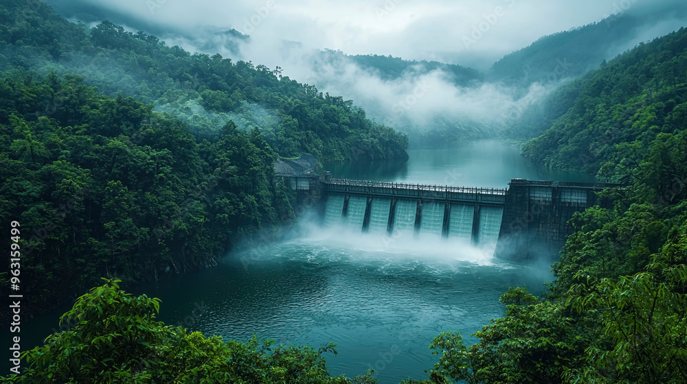 A majestic hydroelectric dam nestled in lush greenery, surrounded by misty mountains and calm waters, showcasing the harmony between nature and engineering. A majestic hydroelectric dam nestled in lush greenery, surrounded by misty mountains and calm waters, showcasing the harmony between nature and engineering.