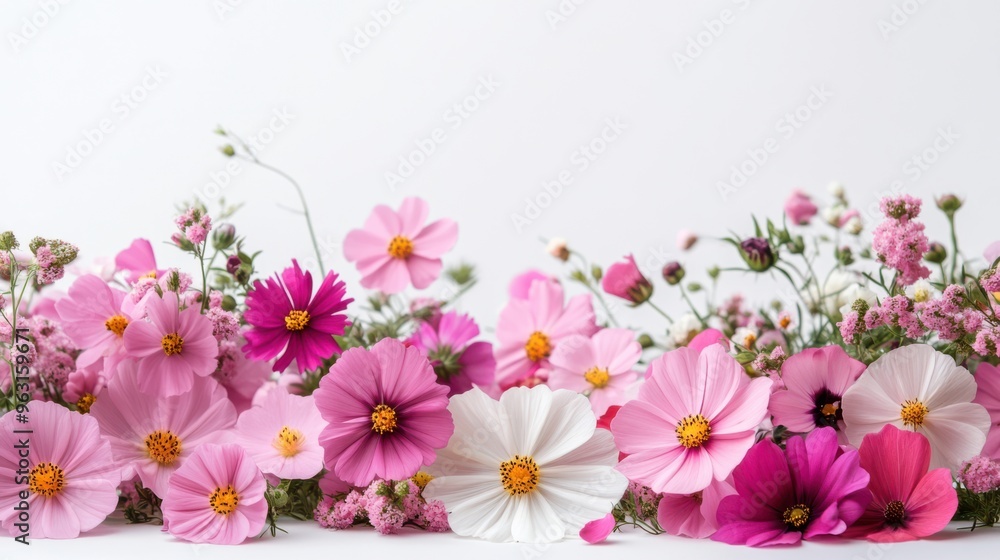 Fototapeta premium Beautiful pink cosmos flowers arranged in a bottom border on a white background. Bright and delicate floral composition ideal for greeting cards, banners, or seasonal templates with copy space.