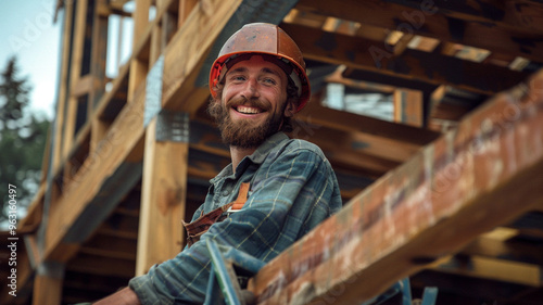 construction worker working on a wooden structure at a house under construction.