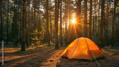 Sunset lighting up a camping tent in a springtime forest. Concept Camping Adventures, Springtime Forest, Sunset Glow, Outdoor Exploration, Nature Photography 