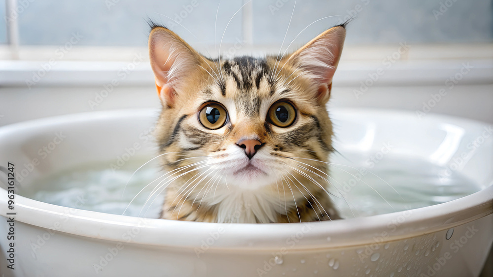 Cute cat sitting in bathtub, taking a bath at home in bathroom, taking care of his pet, grooming and washing him. Animals at home, Pet care Cute cat sitting in bathtub, taking a bath at home in bathroom, taking care of his pet, grooming and washing him. Animals at home, Pet care