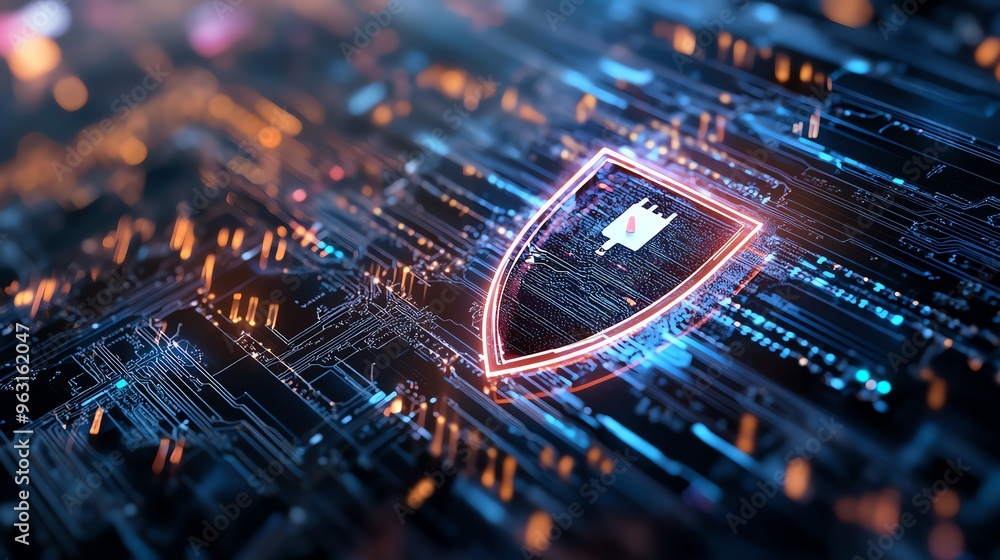 A digital shield represents cybersecurity protection, surrounded by circuit board elements and vibrant, futuristic colors. A digital shield represents cybersecurity protection, surrounded by circuit board elements and vibrant, futuristic colors.
