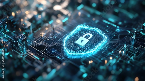 A futuristic illustration showing a shield with a lock icon, symbolizing robust cybersecurity and data protection