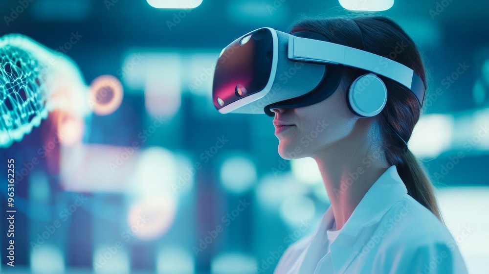 Scientist in VR headset navigating a 3D genome, bioinformatics, synthetic biology