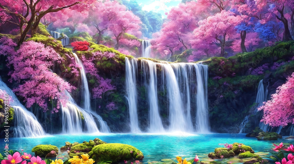 Fototapeta premium A beautiful paradise land full of flowers, sakura trees, rivers and waterfalls, a blooming and magical idyllic Eden garden