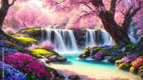 A beautiful paradise land full of flowers,  sakura trees, rivers and waterfalls, a blooming and magical idyllic Eden garden