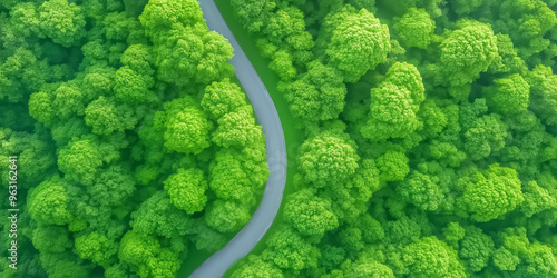 Aerial view of winding road through lush green forest