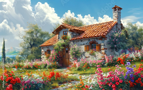 Oil painting on canvas summer landscape with wooden old house, beautiful flowers and trees.