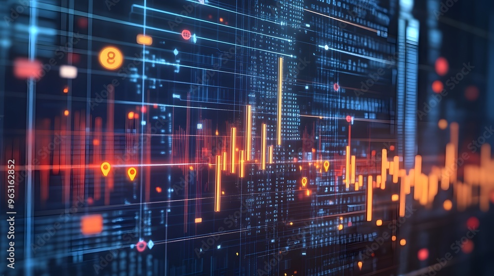 Abstract rendering of economic policy influencing employment rates, visualized through digital workforce icons and charts Abstract rendering of economic policy influencing employment rates, visualized through digital workforce icons and charts