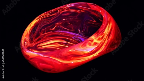 Realistic 3D animation of the abstract morphing liquid iridescent blood red shape with a simple design rendered in UHD black background. photo