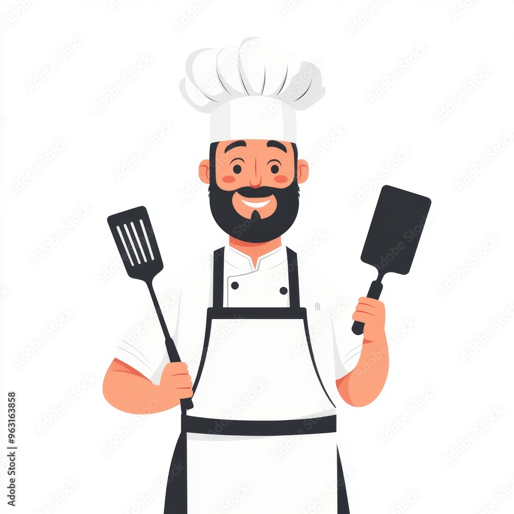 Minimalist Chef Illustration in White Apron and Hat with Spatula on Simple Background Minimalist Chef Illustration in White Apron and Hat with Spatula on Simple Background