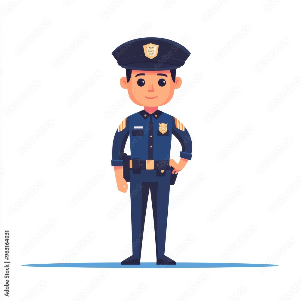 Confident Police Officer in Flat Design Blue Uniform with Badge on White Background. Confident Police Officer in Flat Design Blue Uniform with Badge on White Background.