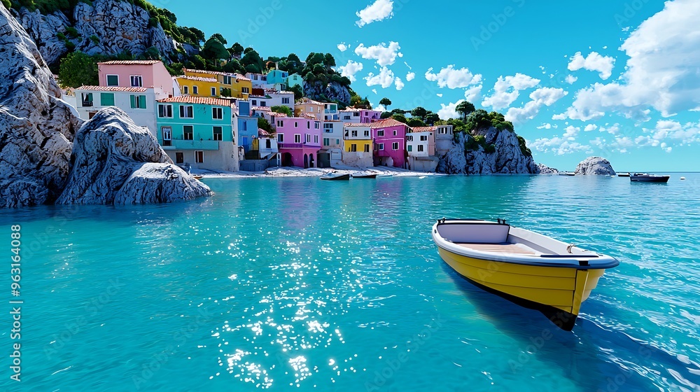 Fototapeta premium A yellow boat rests in turquoise waters, framed by vivid houses on a rocky shore.