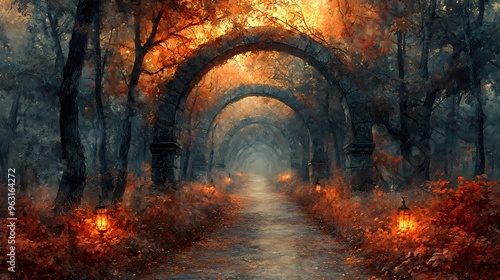 A mystical forest path lined with stone arches and lit by lanterns, leading through an ethereal mist.